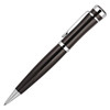 A sleek black metal ballpoint pen with silver accents and a clip, featuring a polished surface and modern design.