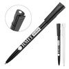 A ballpoint pen in black and white with a glossy finish, featuring a clip and a logo.