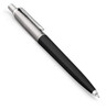 A metal ballpoint pen in black with a silver clip and accents, featuring a branding logo.