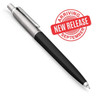 A metal ballpoint pen in black with a silver clip and a branding logo.