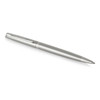 A brushed stainless steel ballpoint pen with a sleek design and a minimalist look, featuring a logo.