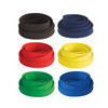 A collection of six tubular lanyards in black, blue, red, yellow, green, and a lighter blue, featuring a logo.