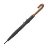A black umbrella with a wooden handle and a hook design, featuring a logo on the fabric.