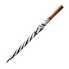 A navy and white striped umbrella with a brown handle, featuring a wooden grip and a sleek design.