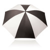 A black and white striped umbrella with a 75cm diameter and a central handle, featuring a logo.