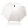 A white 75cm umbrella with a black handle and a logo. The umbrella is open, showcasing its canopy.