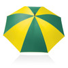 A green and yellow striped umbrella with an 75 cm diameter, featuring a central black handle and a logo.