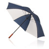 A navy blue and white umbrella with a wooden handle, featuring a sleek design and metal frame.