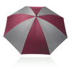 A 75cm umbrella featuring a maroon and grey striped design. It has a logo on the handle.