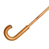 A wooden-handled umbrella with a curved hook grip and a long shaft in a warm, brown finish.