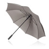 A grey 75cm umbrella with a black handle and a logo on the underside.