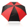 A 75cm umbrella featuring a bold design with red and black panels, including a handle and a logo.