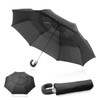 A black 68cm folding golf umbrella with a curved handle, displayed open, closed, and from above.