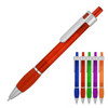 A ballpoint pen in vibrant red with a silver clip, alongside pens in blue, green, purple, and orange.