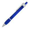 A blue ballpoint pen with a silver clip and a textured grip. The pen features a sleek design and branding.