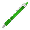 A green plastic ballpoint pen with a silver clip and grip. The pen has a transparent barrel.