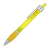 A bright yellow ballpoint pen with a silver clip and grip section. It features a transparent barrel and branding.