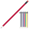 A red pencil with a pink eraser, accompanied by seven coloured pencils in various shades, all with black caps.