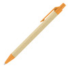 A ballpoint pen with a recycled paper body and orange plastic accents. It features a clip for easy attachment.