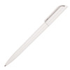 A plastic ballpoint pen in white with a silver clip, featuring a simple, sleek design.