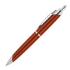 A plastic ballpoint pen in a reddish-brown shade with silver accents and a clip, featuring a logo.