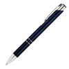 A navy blue ballpoint pen with a silver clip and accents, featuring a sleek design and a logo.