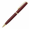 A maroon metal ballpoint pen with gold accents and a clip. It features a sleek, elegant design and includes a logo.