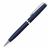 A navy blue ballpoint pen with a silver clip and band, featuring a sleek, modern design.