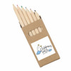 A pack of six natural wood half pencils in various colours, displayed in a simple cardboard box with a logo.