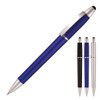 A blue ballpoint pen with a stylus tip, accompanied by black and silver versions. Features a sleek design and clip.