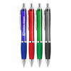 A collection of four ballpoint pens with silicone grips in blue, red, green, and black, featuring a logo on one pen.