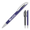 A plastic ballpoint pen with a navy blue barrel and a silver clip, featuring a logo. Two additional pens in black and silver are included.