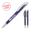 A ballpoint pen with a blue body, silver clip, and a logo. Additional pens in black and silver are also displayed.