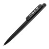 A black plastic ballpoint pen with a stylus tip and a clip featuring a logo.