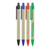A set of four ballpoint pens with recycled paper barrels in black, blue, red, and green, featuring a logo.