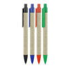 A selection of ballpoint pens with recycled paper barrels in black, blue, orange, and green. Each pen features a clip.