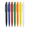 A collection of ballpoint pens in black, blue, red, green, orange, yellow, and white, displayed in a row.