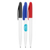 A set of three ballpoint pens in black, blue, and red, featuring a white barrel and a logo on one pen.