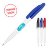 A ballpoint pen with a gloss white barrel, blue cap, and coloured accents in black and red. Includes a logo.