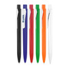 A display of six Plastic Ballpoint Pens in black, blue, red, green, orange, and white, featuring a logo on one pen.