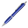 A blue ballpoint pen with a transparent barrel and silver accents, featuring a clip for easy attachment.