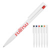 A plastic ballpoint pen with a white body and coloured accents in red, black, green, blue, and orange. Features a logo.