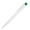 A white ballpoint pen with a green accent on the clip, featuring a simple design and a smooth finish.
