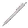 A silver ballpoint pen with a sleek design and a clip, featuring a logo on its surface.