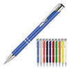 A blue metallic ballpoint pen with a silver clip and a selection of other coloured pens displayed below.