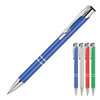A metallic blue ballpoint pen with silver accents, alongside red, green, silver, and black pens. All have a branding logo.