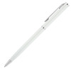 A metal ballpoint pen in matte white with silver accents and a clip, featuring a branding logo.