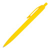 A yellow ballpoint pen with a clip and a smooth, rounded shape. The pen has a slightly pointed tip for writing.