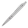 A silver ballpoint pen with a sleek design and chrome accents, complete with a clip and a logo.