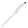 A white ballpoint pen with a stylus tip and a silver accent, featuring a clip and a branding logo.
